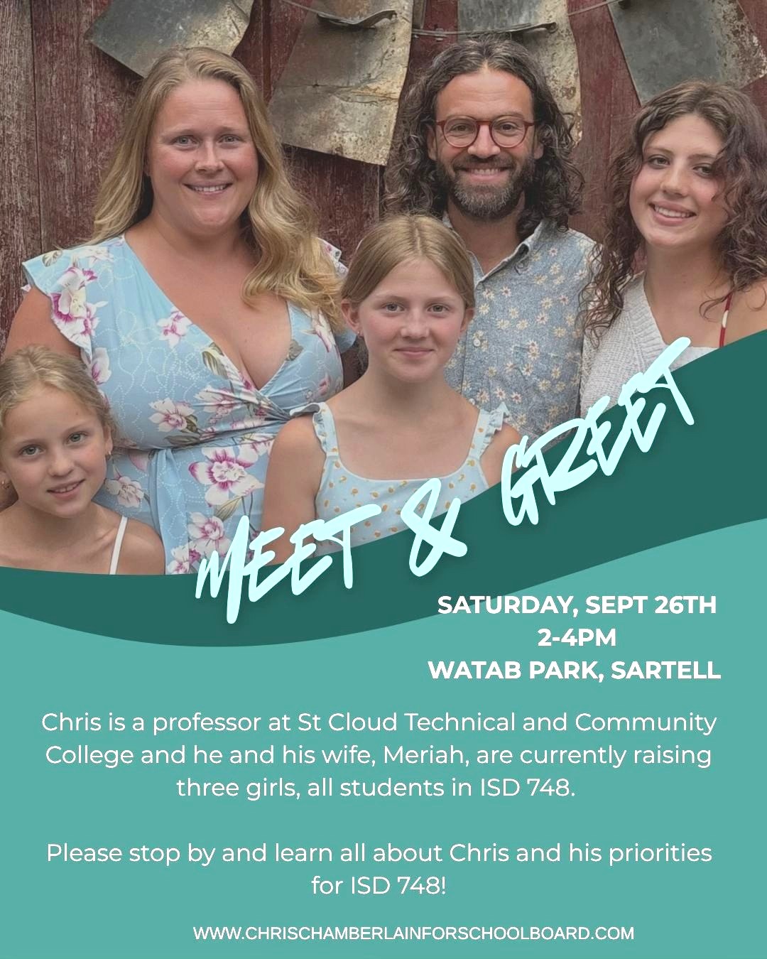 Meet & Greet invitation: ISD 748 School Board candidate Chris Chamberlain with his family, Saturday September 26th 2026, 2:00-4:00 PM, Watab Park, Sartell MN